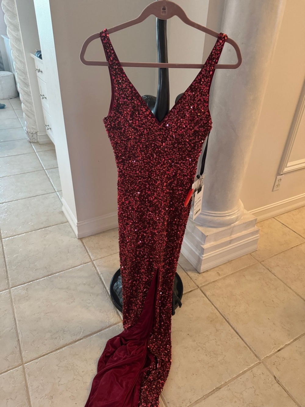 Mac Duggal Burgundy Sequin V-Neck Evening Gown